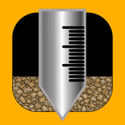 Icon for DCP Recorder with a steel shaft, measurement marks with gravel at the bottom of a black background working a yellow border.